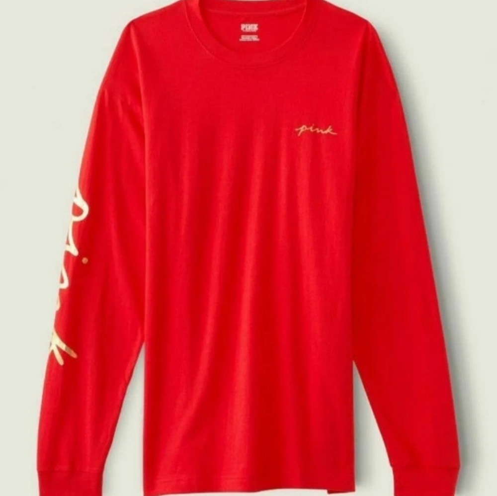 New VS PINK CAMPUS TEE LONG SLEEVE TSHIRT RED L